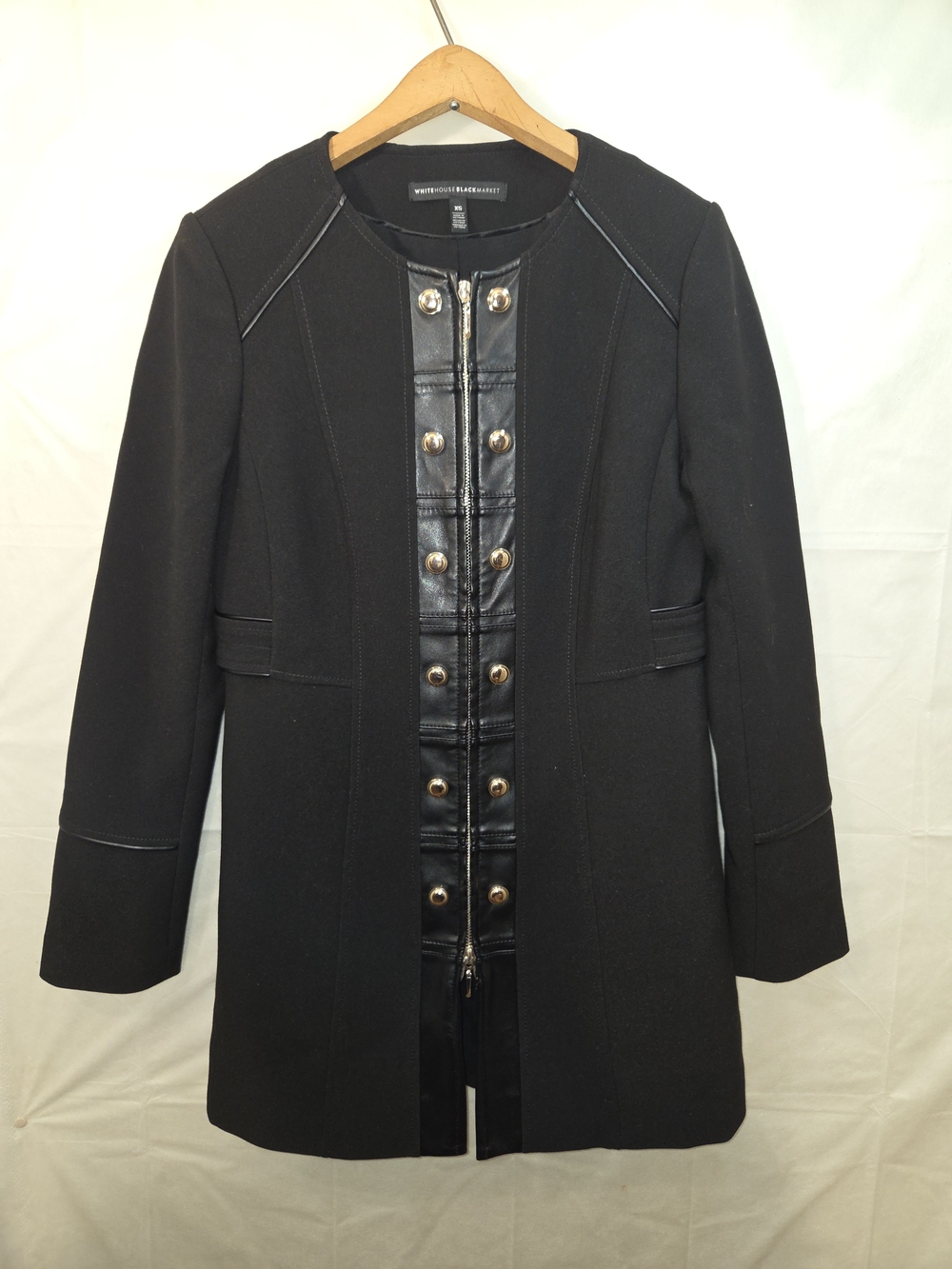 White House Black Market Black Military-Inspired Pea Coat with Faux Leather Trim